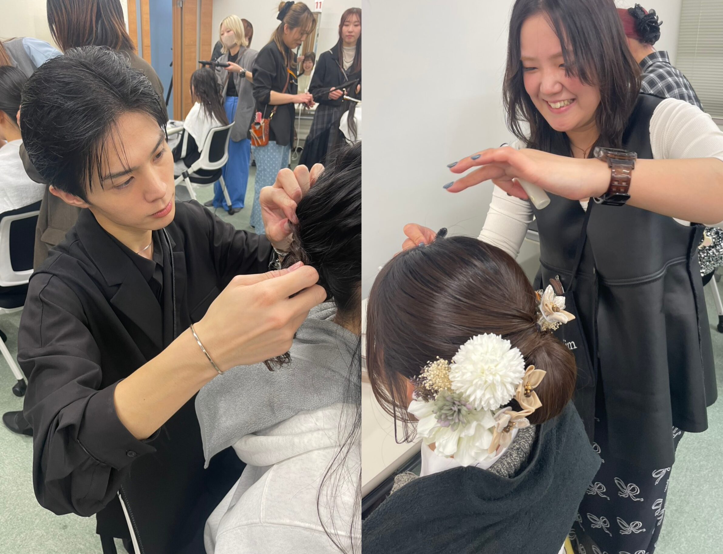 新成人のヘアセットをしているムゲングループスタッフ