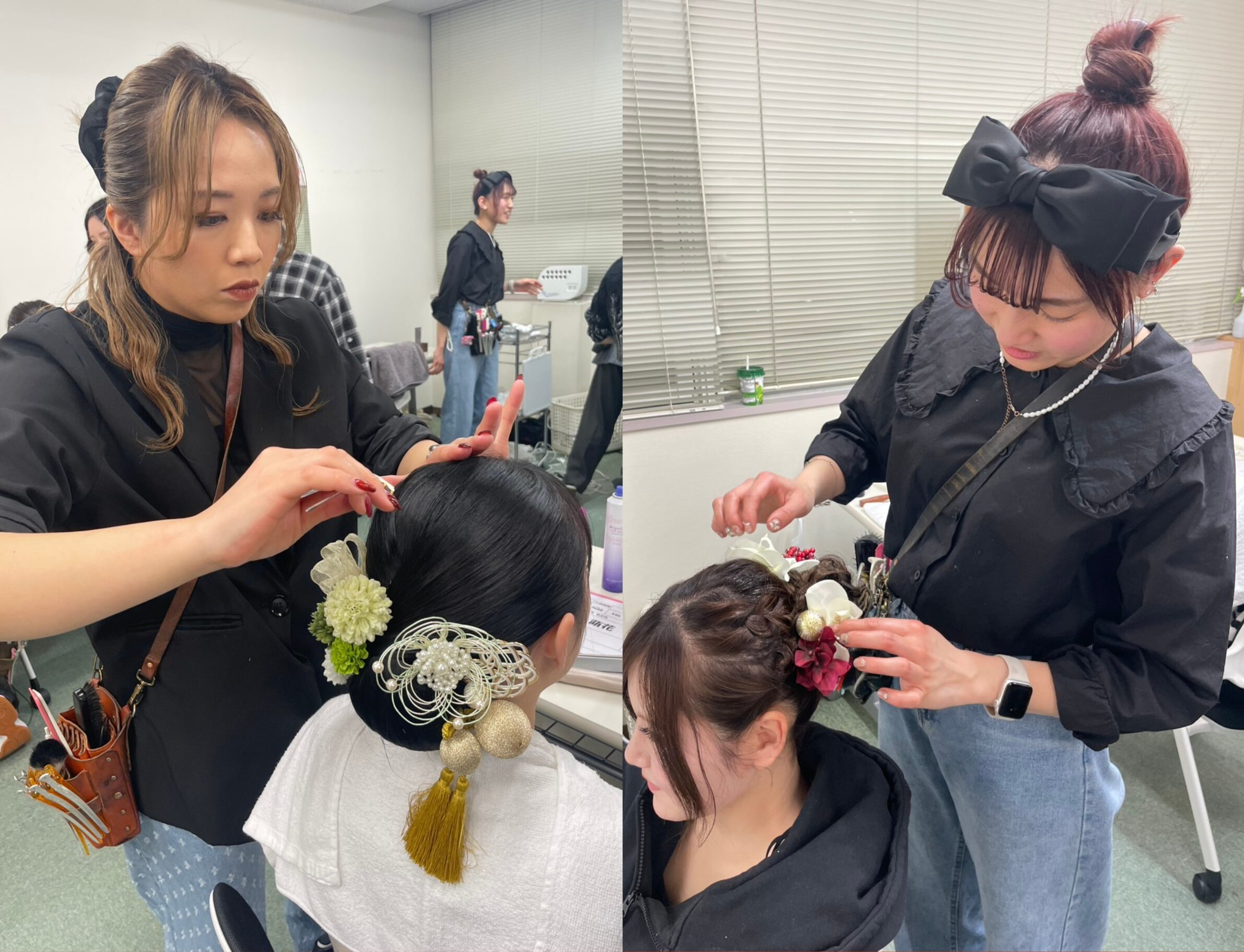 新成人のヘアセットをしているムゲングループスタッフ